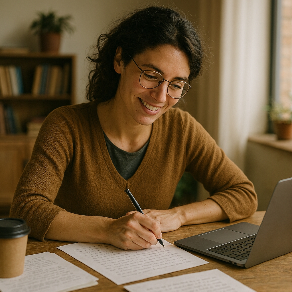 AI generated image of a woman rewriting her work. She's sitting at a desk with a laptop and paper in front of her.